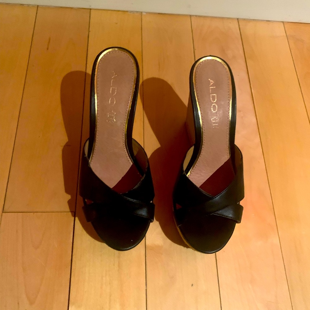 Aldo Wedges. Black with tan soles. Like New.